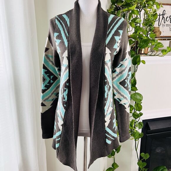 Eddie Bauer Sweaters - Eddie Bauer Turquoise and Gray Aztec Patterned Cardigan Sweater. Size M. EUC.